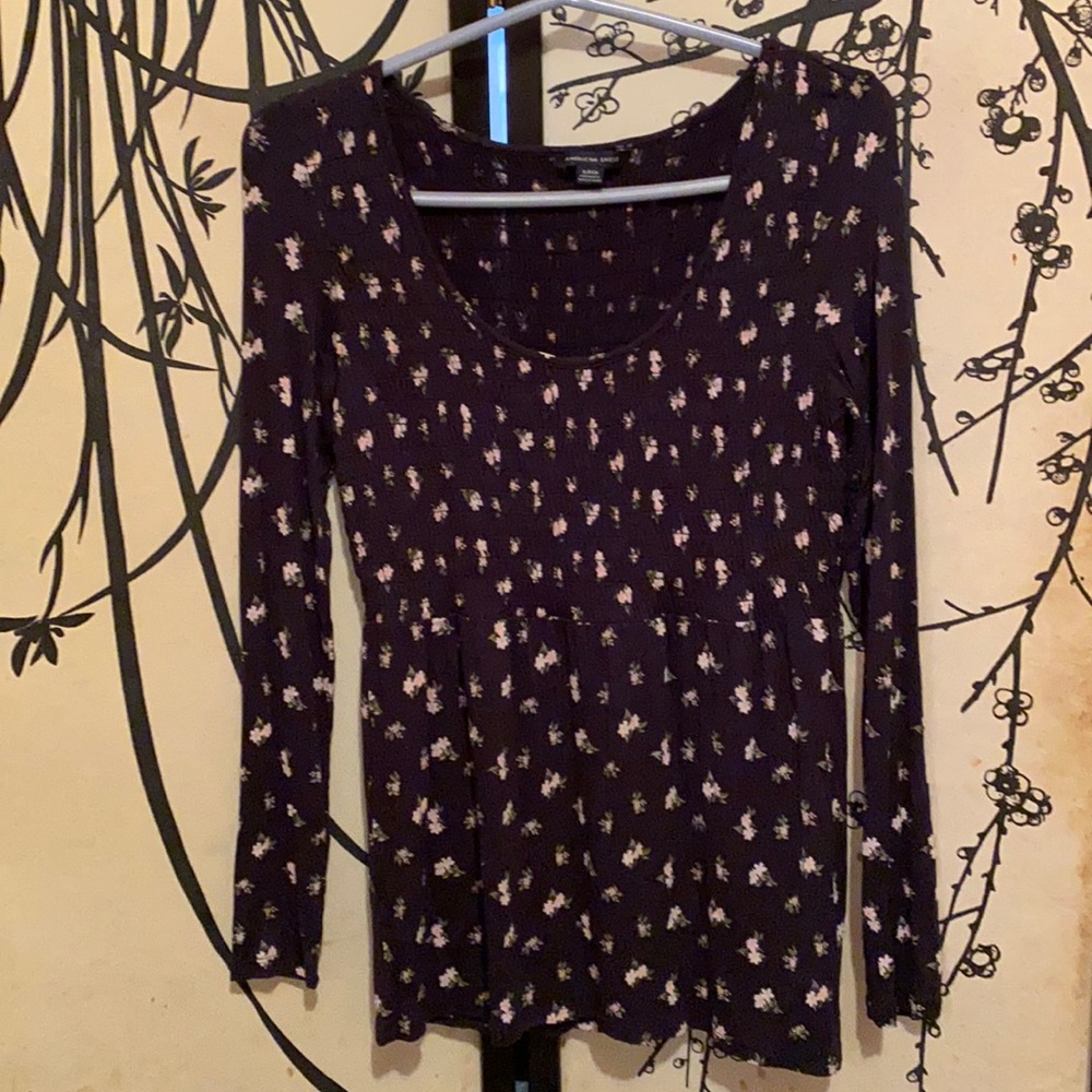 American Eagle Women’s Navy Blue Floral Smocked Peplum Shirt